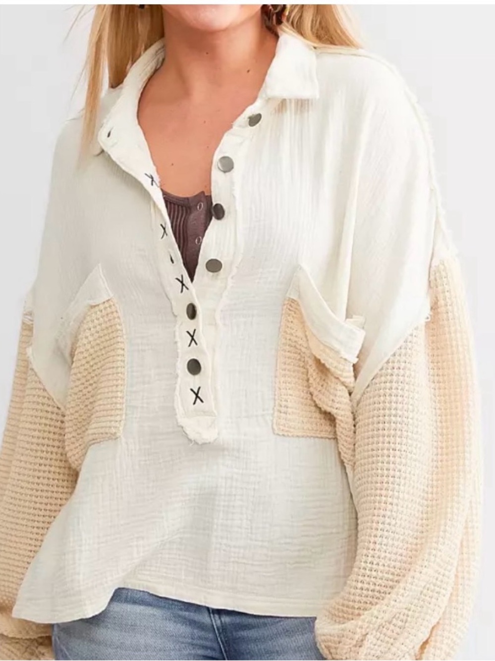 POL Light Pink Relaxed Boho Waffle Knit Button Down Spring 100% Cotton Pullover